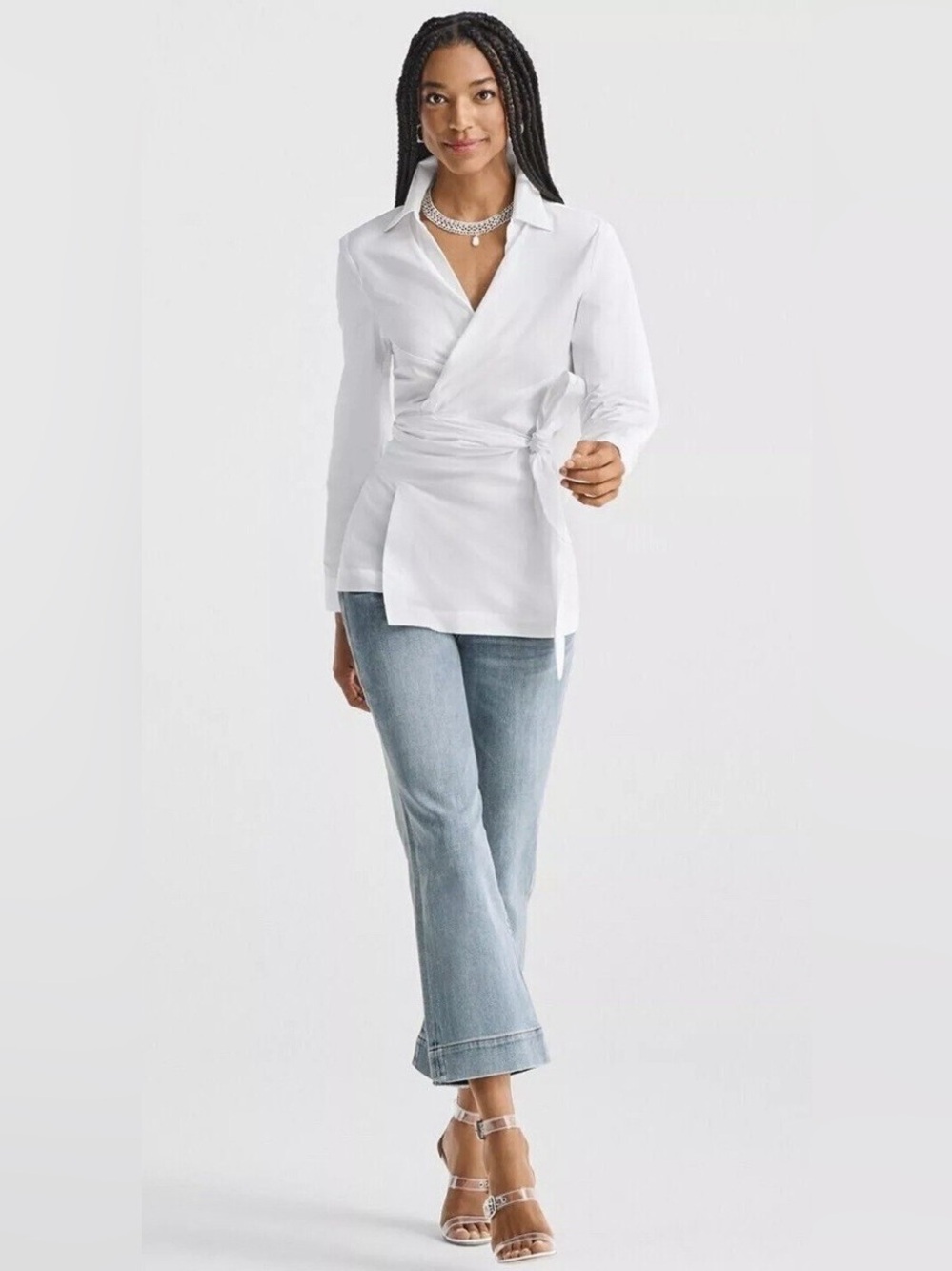 Cabi Crisp White Long Sleeve Structured Tie Wrap Blouse Shirt Sz S